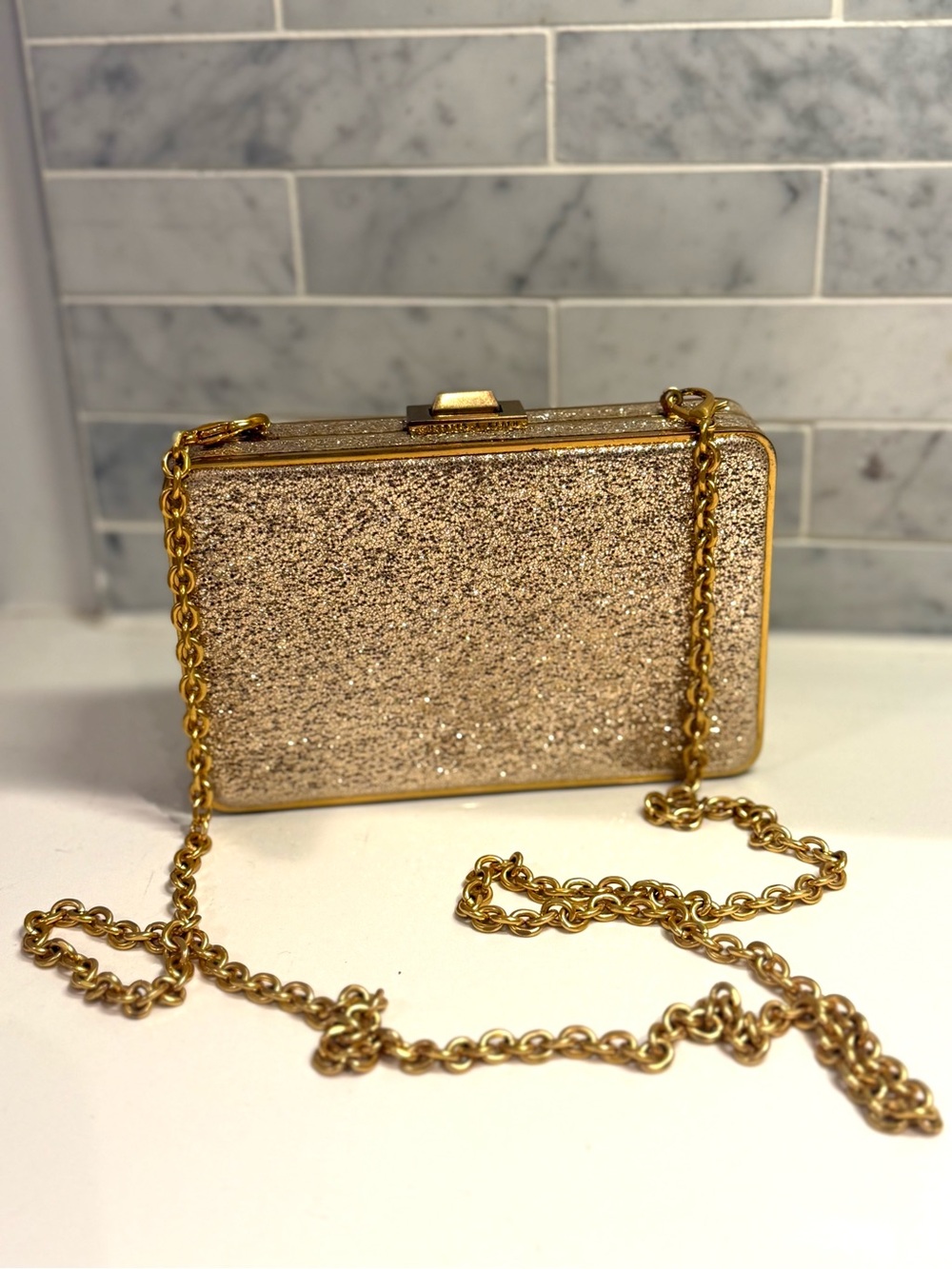 Charles & Keith Gold Glitter Box Clutch (with removable gold link chain)
